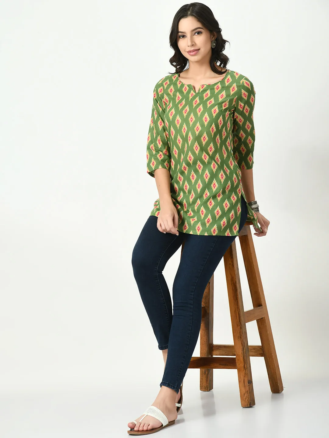 Women Green Printed Short Kurti
