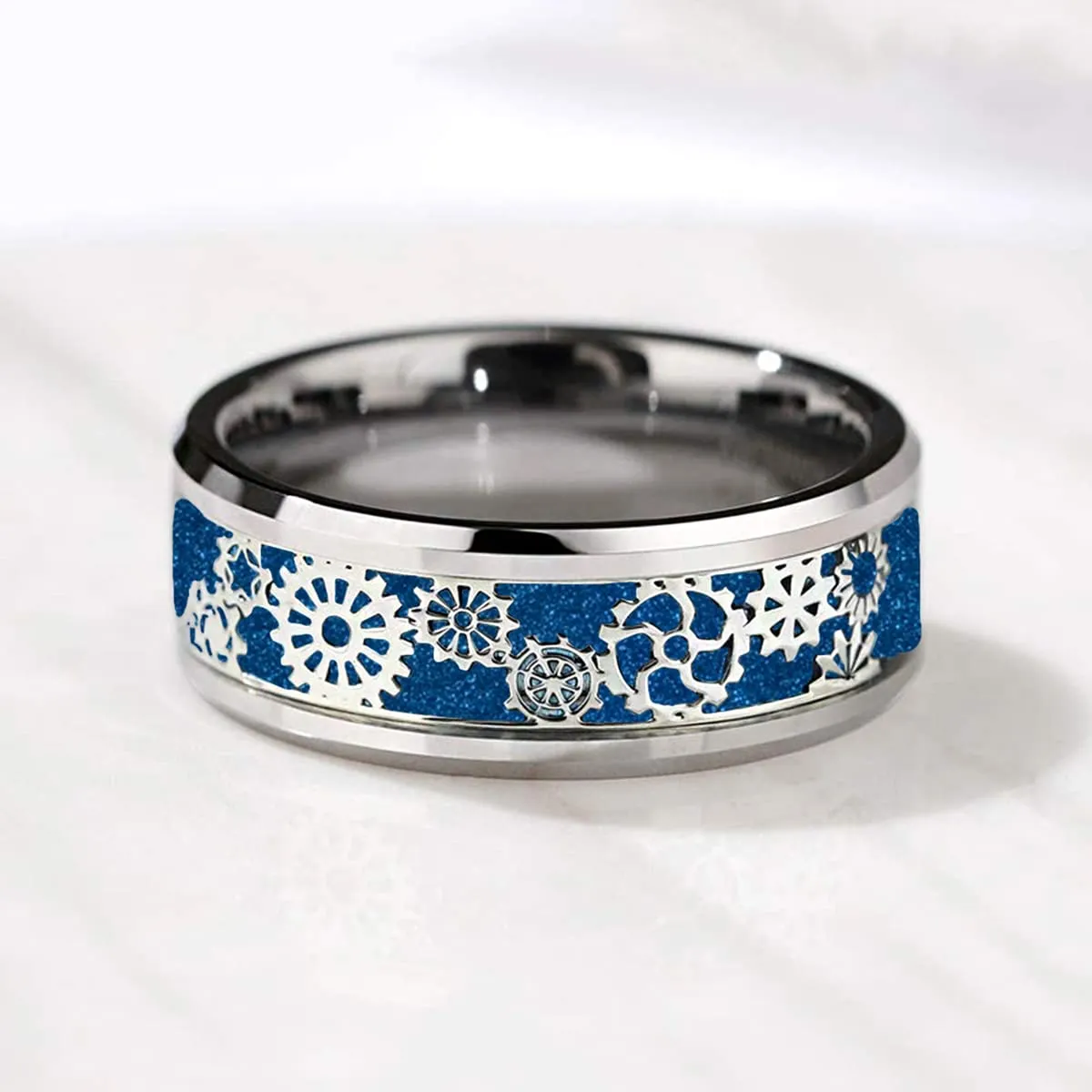Yellow Chimes Rings for Men Stainless Steel Band Ring Blue Silver Steampunk Gear Wheel Design Finger Ring for Men and Boys